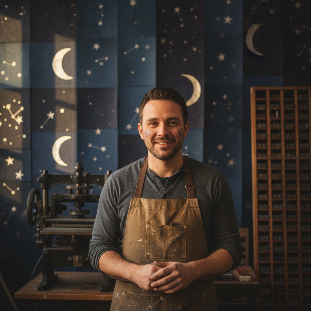 Mert Kavas, kolaj ve letterpress baskı ustası, portre